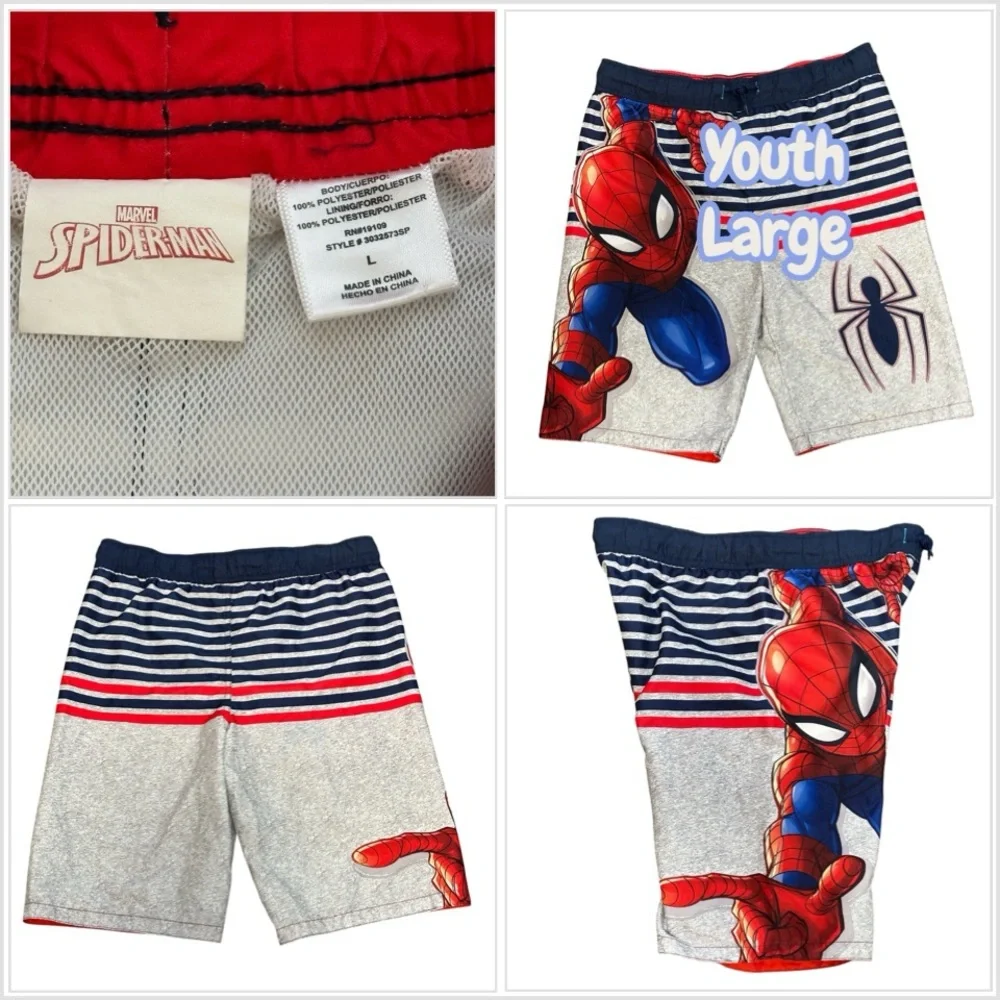 Youth Boys Marvel Spiderman L 10 / 12 Swim Shorts Trunks Board Beach Navy Blue
